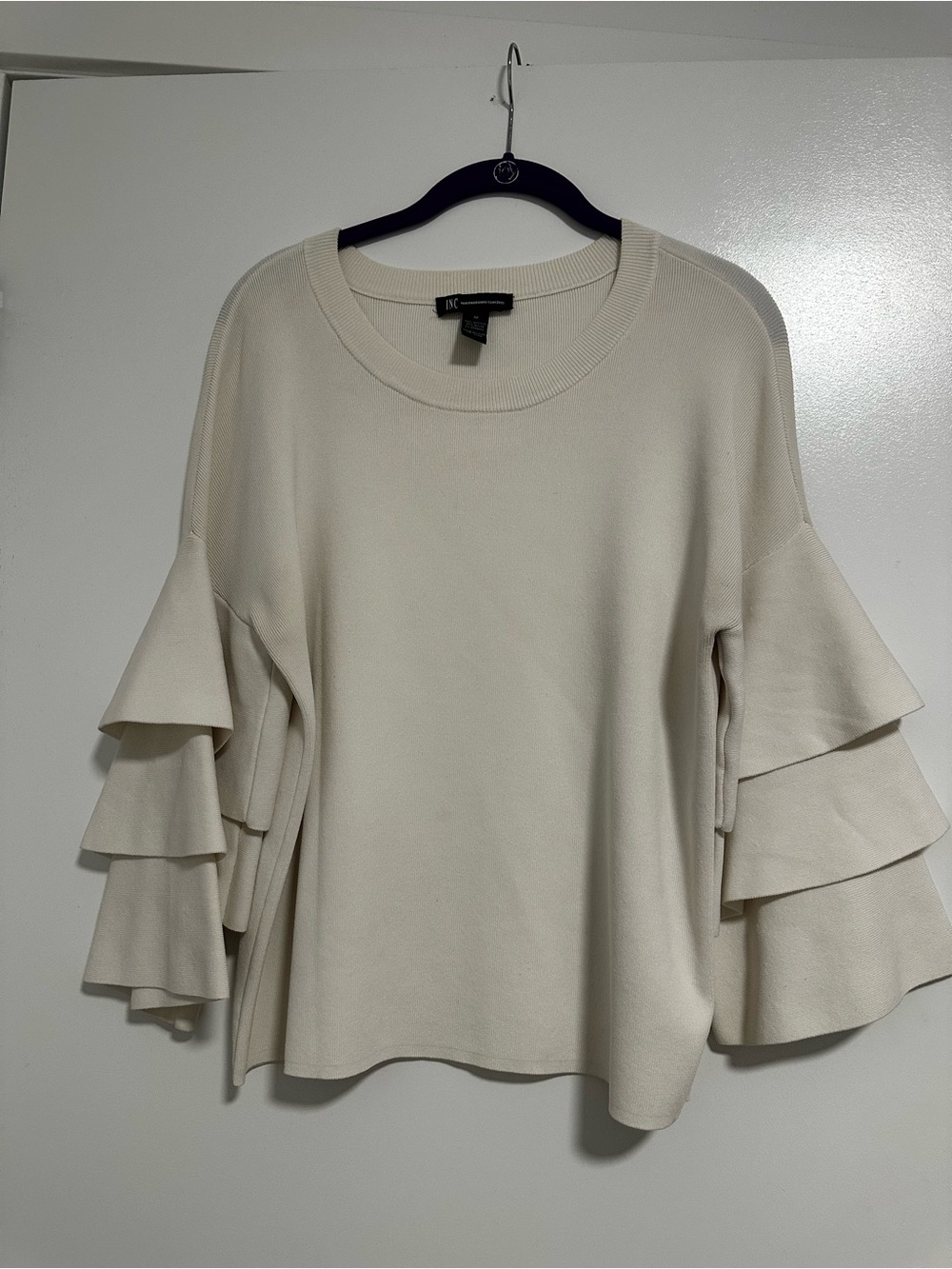 INC International Concepts Cream Tiered Ruffle Sleeve Sweater